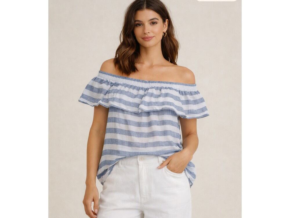 Saks Fifth Avenue 100% Linen Off‑Shoulder Ruffle Top Blue White Stripe XL